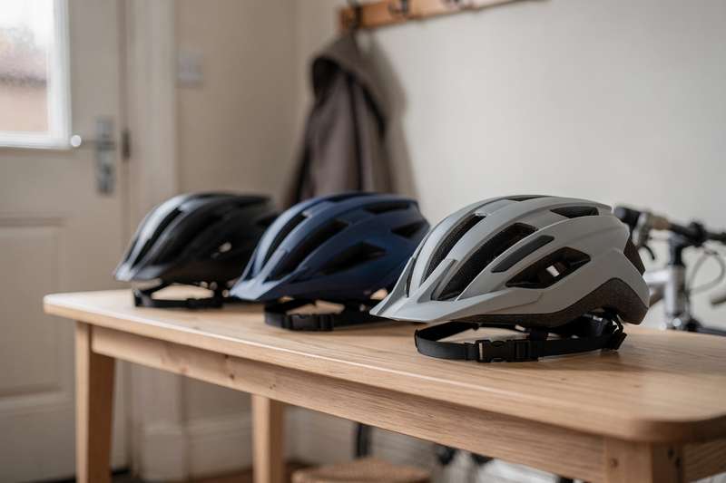 Selection of protective cycling helmets suitable for adults riding bikes in the United Kingdom.