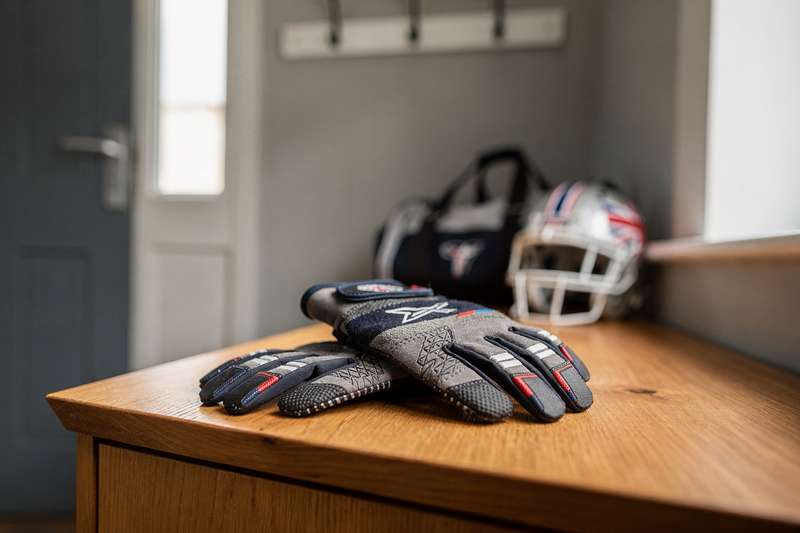 Premier football receiver gloves displayed with grip technology and sizing specifications for British players.