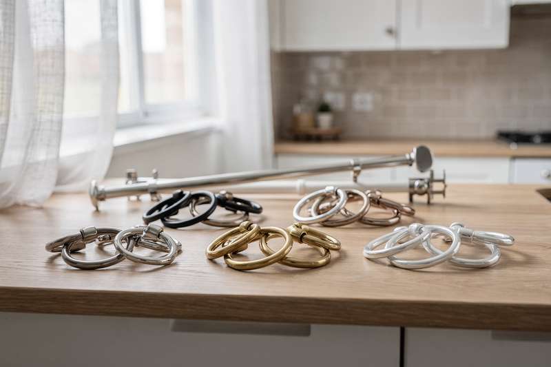 Assorted curtain pole rings in different finishes displayed on wooden poles showing various styles and sizes.