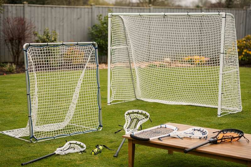 Lacrosse net equipment displayed including portable goals, rebound trainers and practice targets for UK players.