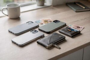 Selection of six practical phone cases and wallets displayed together for everyday UK carry.