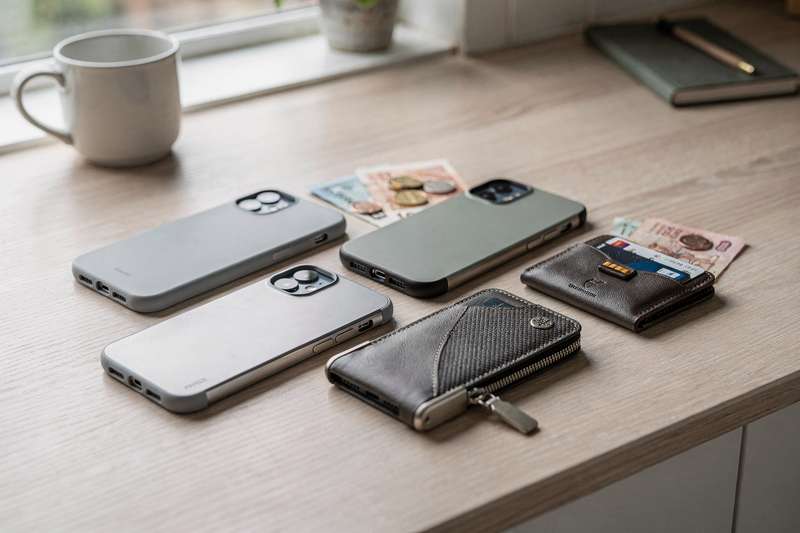 Selection of six practical phone cases and wallets displayed together for everyday UK carry.