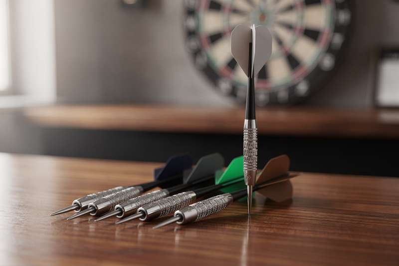 Professional steel dart sets displayed with various weights and grip styles for UK players.