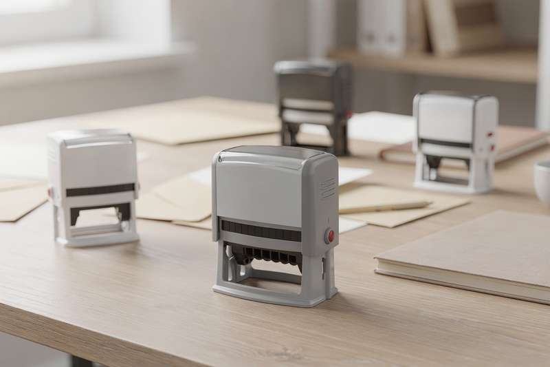 Selection of self-inking personalised stamps arranged on a wooden surface showing various designs and sizes.