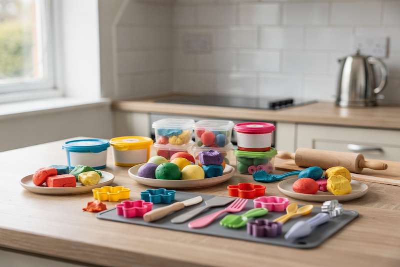 Colorful clay and dough sets arranged with finished craft creations and modeling tools on a work surface.