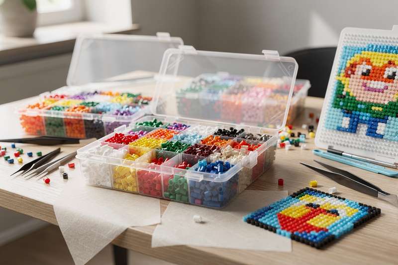 Colorful fuse beads arranged in containers with iron-on setup tools for creative craft projects.