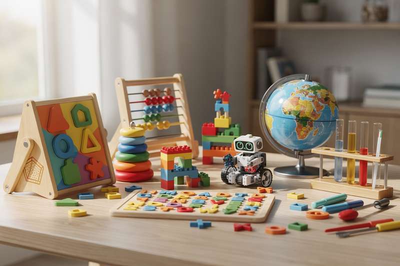 Colorful educational toys arranged on a white surface including blocks, puzzles, and learning games for children.