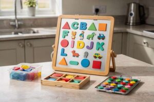 Colorful magnetic building blocks and playboards arranged on a white surface showing various construction possibilities for...