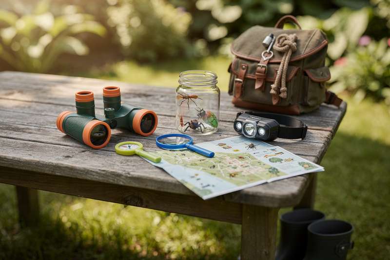 Children using magnifying glasses and binoculars to explore nature outdoors.