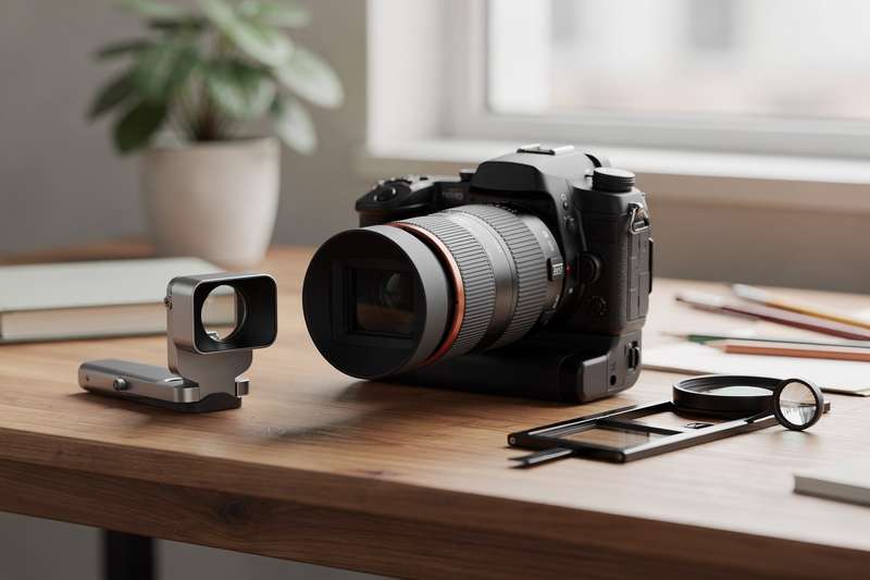 Variety of camera viewfinders and optical viewing devices for photography and artistic work.