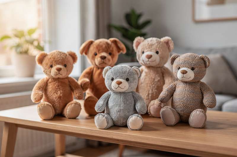 Collection of plush toy animals arranged together showcasing popular UK stuffed animal brands and styles.