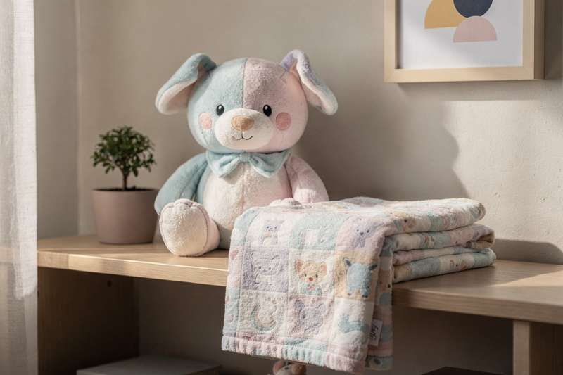 Soft fabric collection featuring colorful plush toys paired with matching blankets designed for young children.