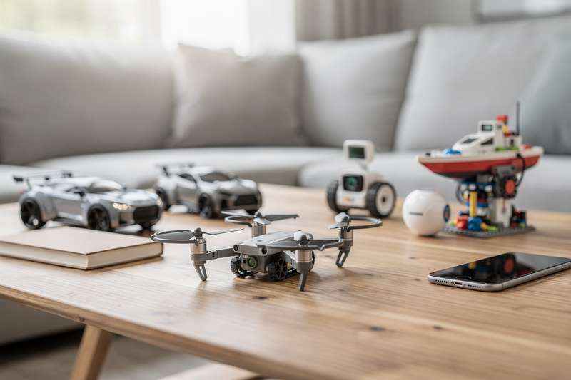 Top-rated remote-controlled toy cars and drones displayed side by side on a surface.