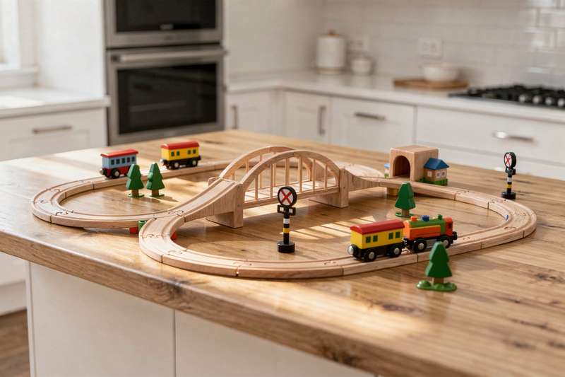 Child playing with colorful wooden and plastic train track pieces on a playroom floor.