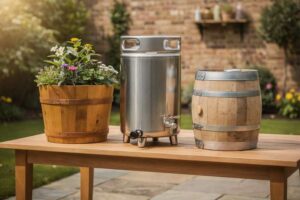 Variety of wooden barrels used for brewing, gardening, and whisky aging displayed together.