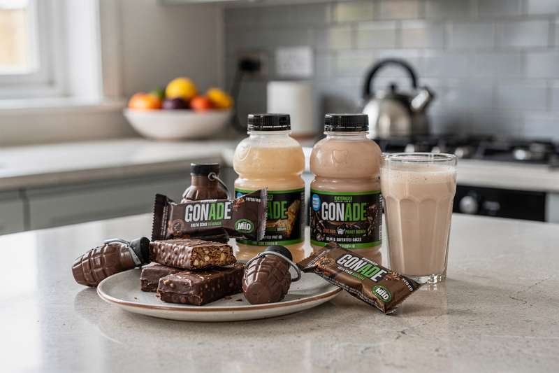 Grenade protein bar and shake selection displayed with nutritional information labels visible.