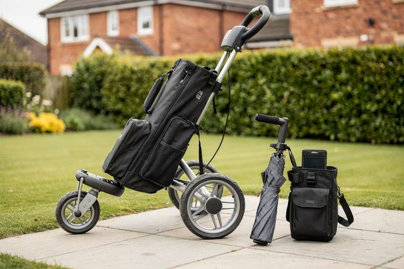 Golfer selecting between different push carts and trolleys at a UK golf course.