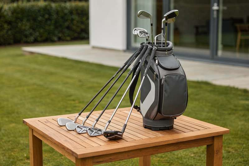 Professional golf club set displayed with complete irons, woods, hybrids and putter for UK golfers.