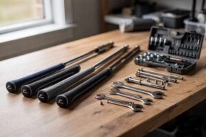 Essential golf club maintenance tools and replacement parts including grips, extensions, wrenches and cleaning supplies for...