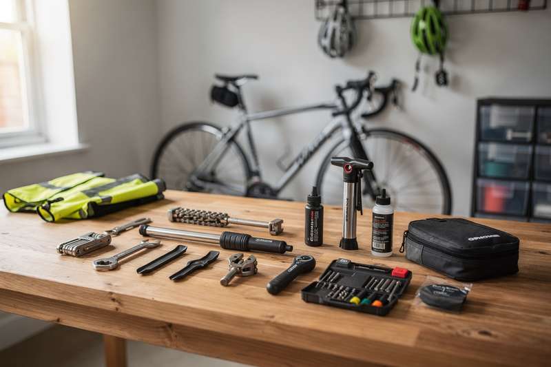 Essential cycling tools and repair equipment displayed for UK bike maintenance and on-the-road repairs.