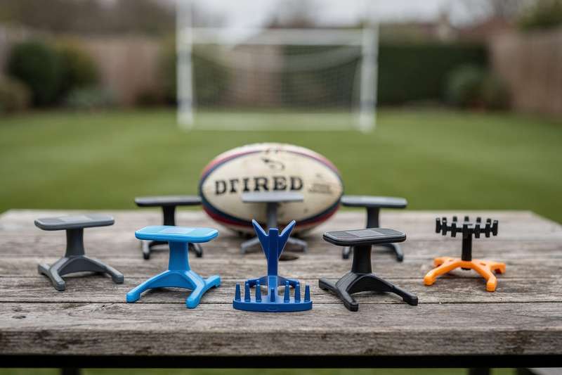 A selection of rugby kicking tees arranged on a grass field ready for match play.