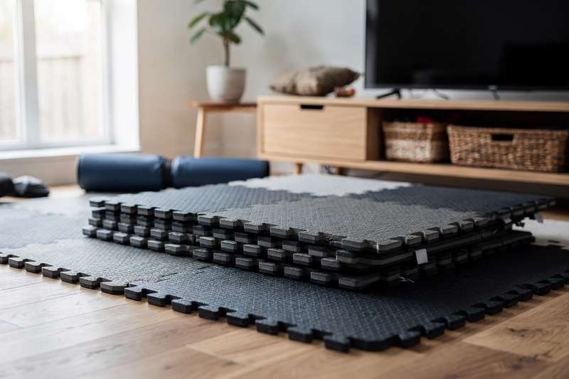 Thick padded wrestling mat laid out in a home gym space for grappling practice and training.