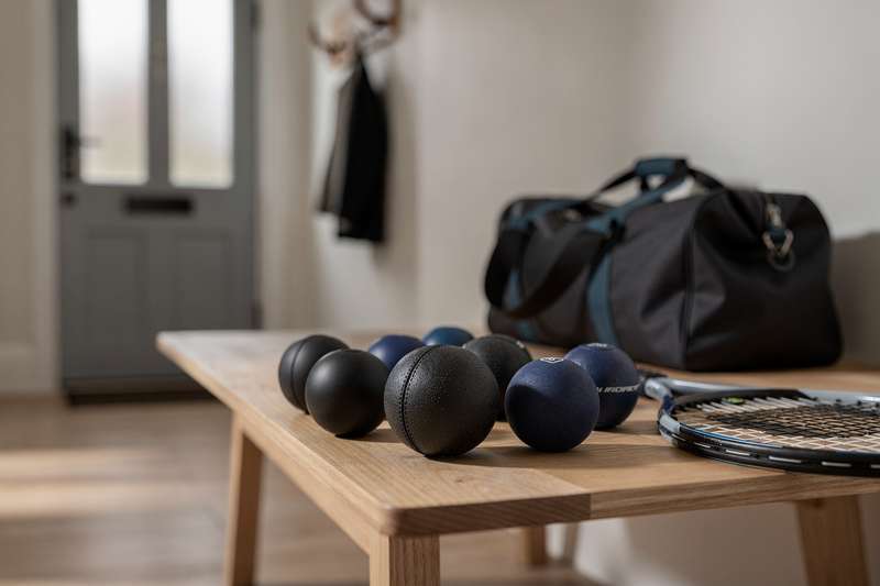 Professional and recreational squash balls arranged by grade and color specifications for player levels.