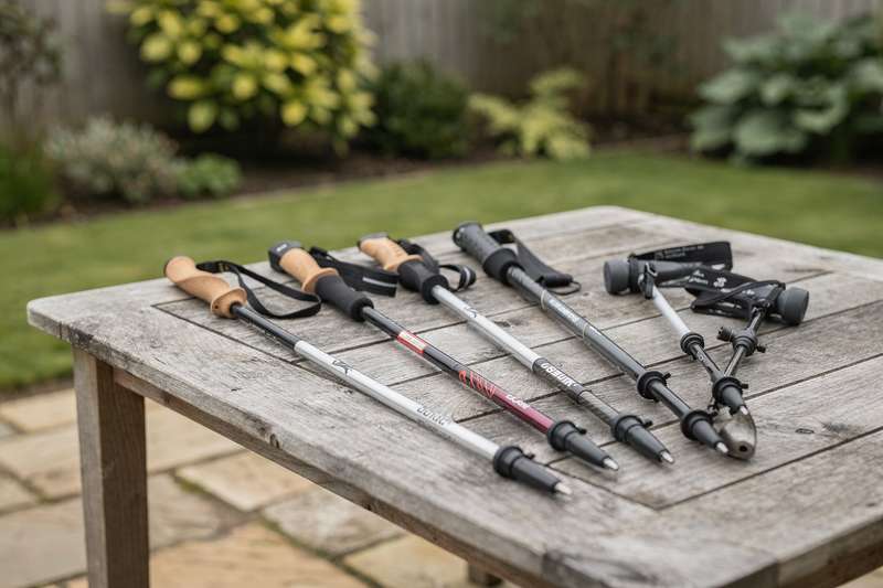Comparison of five lightweight Nordic walking poles displayed on a scenic UK countryside trail.