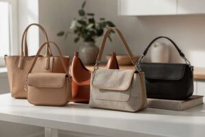 Women's shoulder bags in various styles and colors displayed together for comparison.