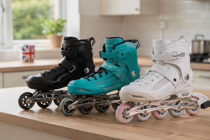 Selection of inline skates and roller skates displayed with protective gear for UK shoppers.