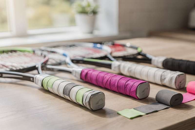 Tennis player adjusting an overgrip on racquet handle for improved comfort and control.