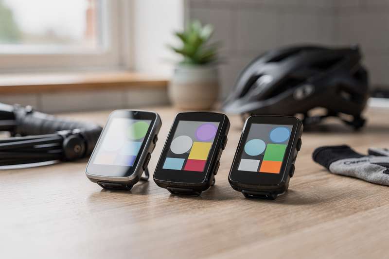 Cyclist checking data on a wireless bike computer mounted to handlebars during outdoor riding.