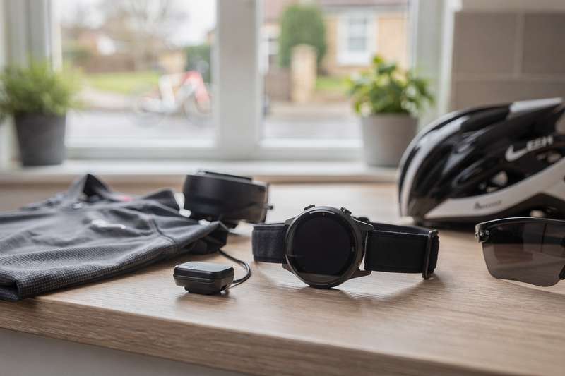Colorful heart rate monitors displayed with running and cycling gear on outdoor trail background.