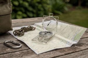 Assorted orienteering compasses displayed with topographic map and hiking boots on woodland surface.