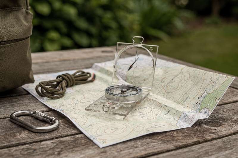 Assorted orienteering compasses displayed with topographic map and hiking boots on woodland surface.