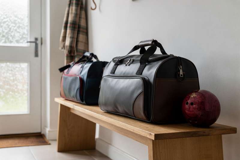 Bowling bags arranged by type and size on display surface for UK players.