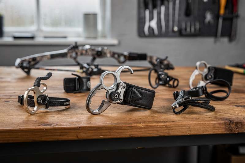 Variety of compound bow release aids displayed with close-up views of trigger mechanisms and wrist strap designs.