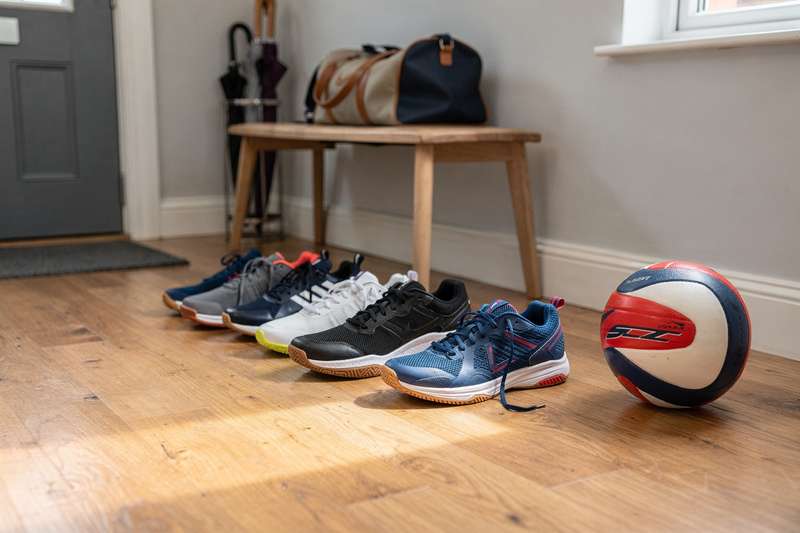 Top-rated volleyball shoes displayed on an indoor court surface in a UK gymnasium setting.