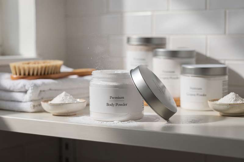 Selection of talc and body powder products displayed with ingredient labels visible for different skin types.