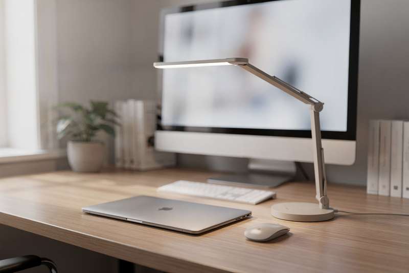 Sleek LED desk lamp positioned on a workspace to provide even lighting for video conferencing without screen reflections.