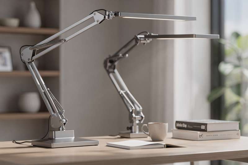Adjustable architect desk lamp with articulated arms and LED bulb mounted on wooden desk surface.