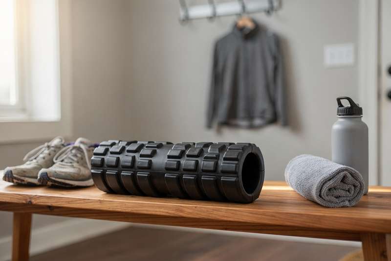 Foam roller being applied to the outer thigh to relieve iliotibial band tension and muscle soreness.