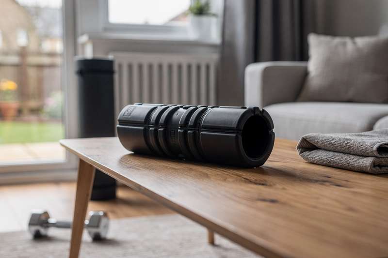 Electric foam roller being used on leg muscles during post-workout recovery session.