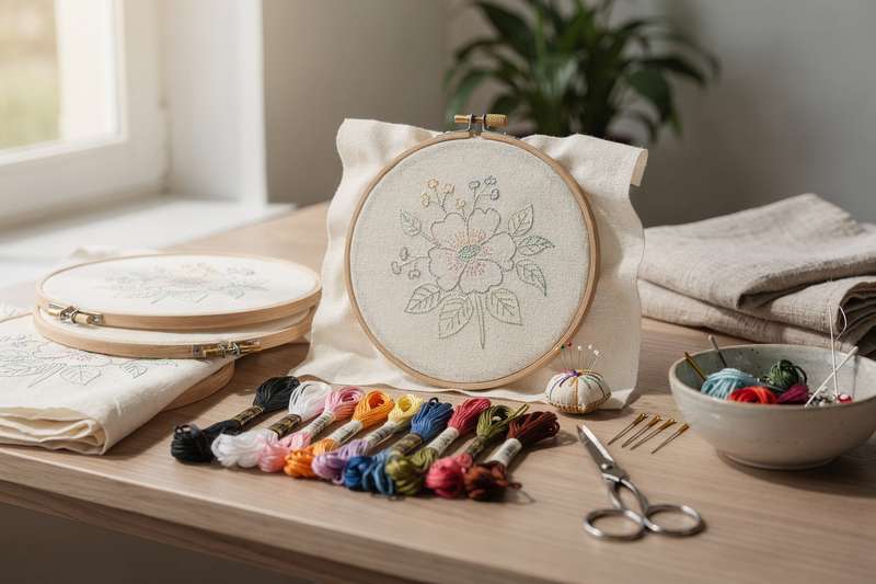 Beginner embroidery kit laid out showing printed fabric pattern, needle, and colored thread spools.