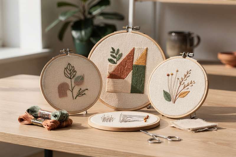 Contemporary embroidery hoop kits with thread and patterns displayed as finished wall art pieces.