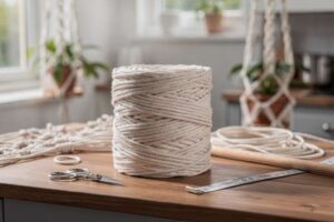 Coiled 3mm macrame cord in natural cotton displayed with finished plant hanger examples.