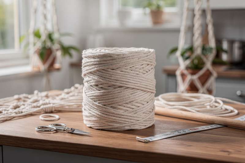Coiled 3mm macrame cord in natural cotton displayed with finished plant hanger examples.