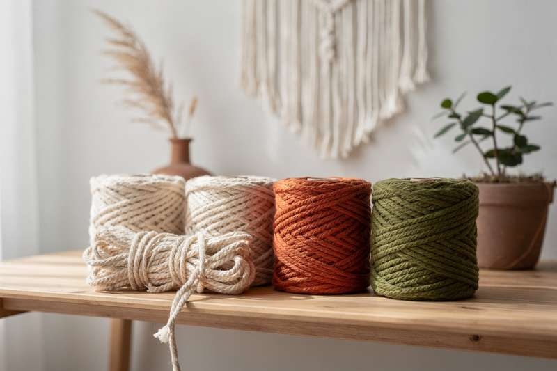 Coiled bundles of thick macrame cord in natural and dyed colors displayed for wall hanging projects.