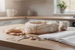 Beginner macrame starter kit with colored cord, wooden beads, instruction booklet and example knotted wall hanging project.