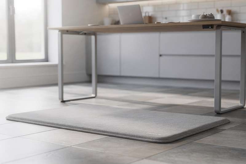 Anti-fatigue standing desk mat placed on cold kitchen floor tiles in a modern UK kitchen setting.